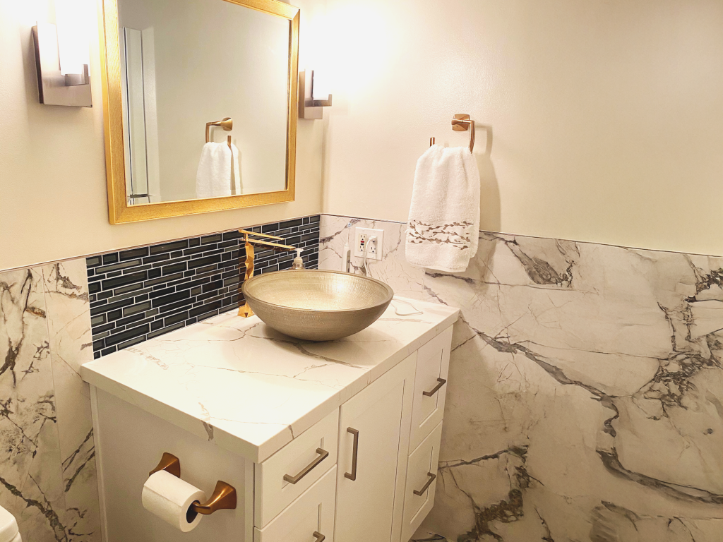 Modern bathroom remodel with dual vanity | Alfa Remodeling